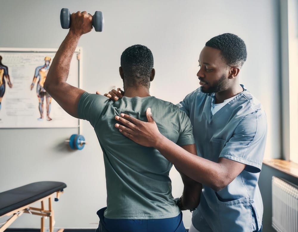 A physiotherapist supporting a patient through a shoulder exercise with a dumbbell